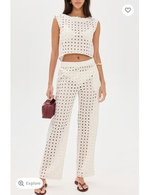 LEBOP Eyelet Wide-Leg Pants & crop top Set in Cream